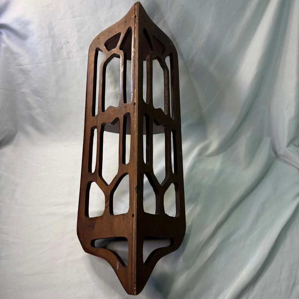 Vintage Dark Wood Corner Wall Shelf Fretwork Cutout 3 Tier Display Rack